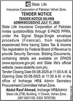 State Life Insurance Corporation of Pakistan Vehari Tender Notice